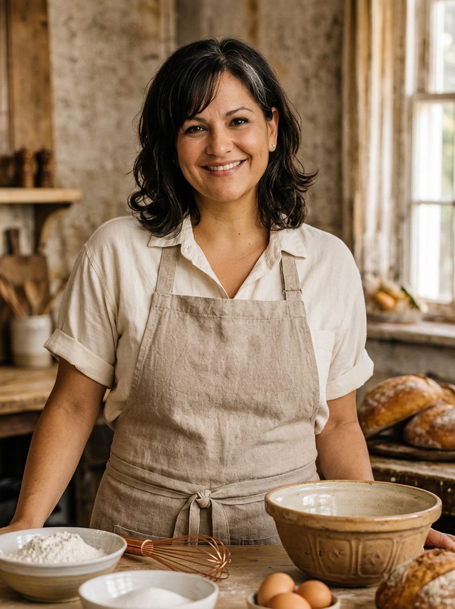 Natasha, professional pastry chef, holding a tray of fresh baked goods
